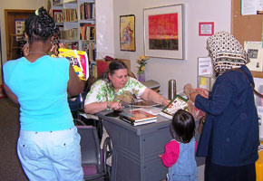 X stamping and checking out books